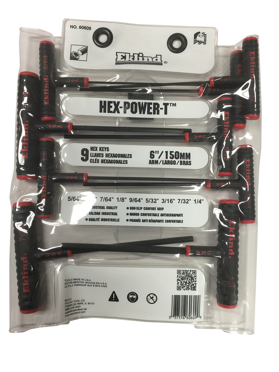 Eklind T Handle Hex Wrench Set 60609 SAE 9pc 5/64"1/4 Inch 6" Arm T