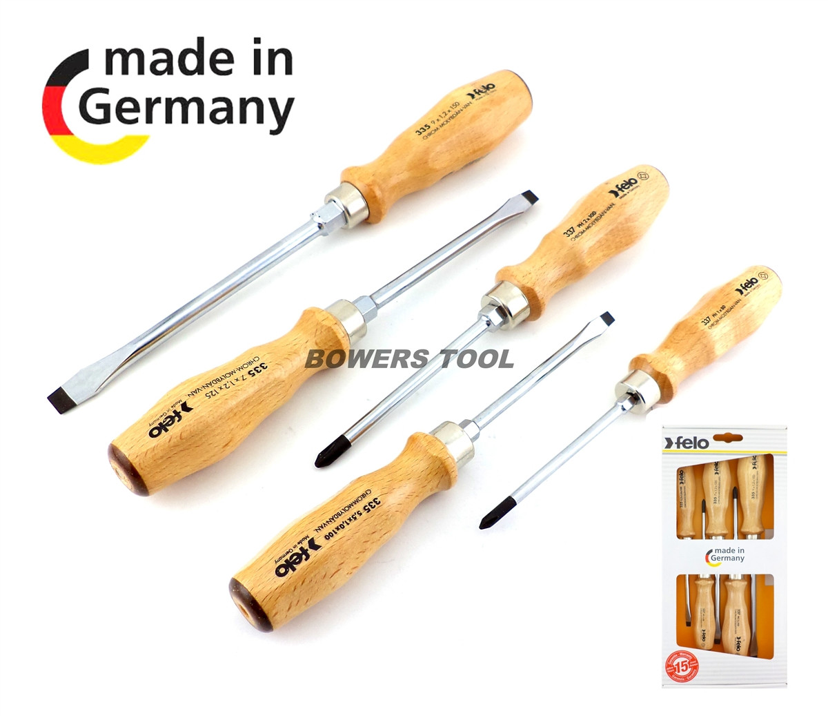 Felo 5pc 335 Wooden Screwdriver Set Wood Grip Phillips Flat Slotted Germany