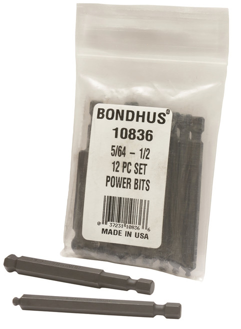 Bondhus 12pc 1/4in Shank Hex Power Bit Set SAE Standard 5/64-1/2 BallDriver USA