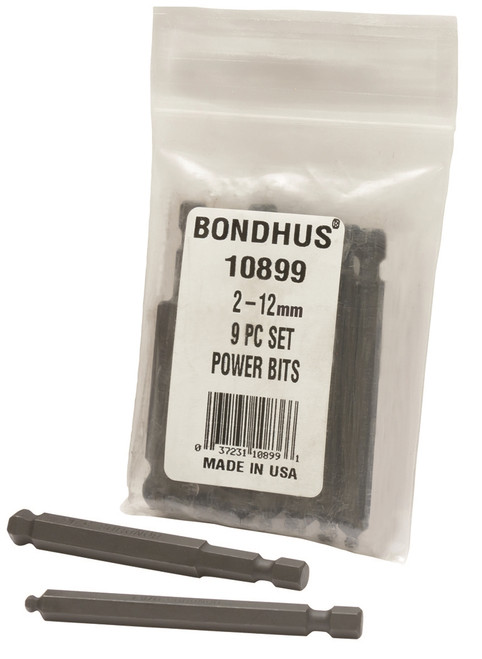 Bondhus 9pc 1/4in Shank Hex Power Bit Set Metric 2-12mm BallDriver USA 10899