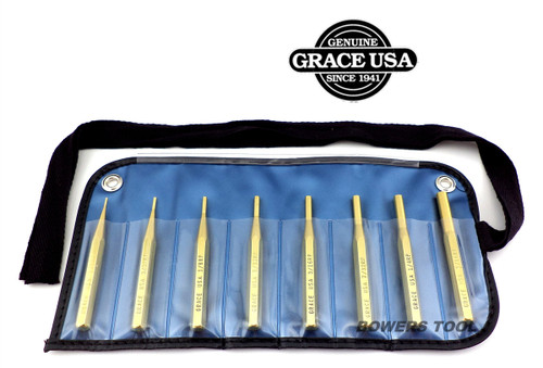 Grace 8pc Brass Roll Pin Punch Set in Vinyl Roll Made in USA