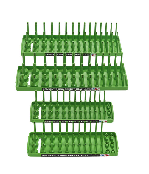 Hansen (Green) 4pc Socket Holder Tray Organizer Set 3 Row 1/4" 3/8" Deep Shallow Green