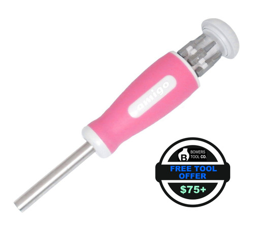 Megapro Amigo 7-1 Multi Bit Screwdriver 1/4" Drive Hex Bits Phillips Slot Square Pink FTO