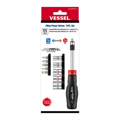 Vessel 2 Way Power Screwdriver 1/4" Hex Bit or Socket 11pc 400PD2-1U T Handle