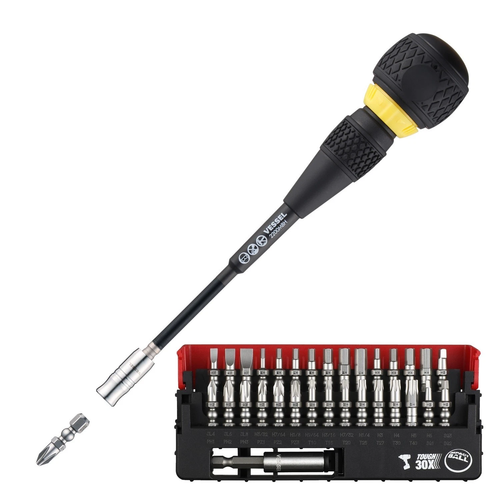 Vessel Ball Grip Ratcheting Screwdriver Interchangeable w 31pc Bit Set