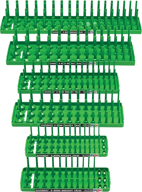Hansen 6pc Socket Holder Tray Organizer Set 3 Row 1/4 3/8 1/2 Deep Shallow Green