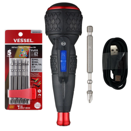 Vessel Cordless Electric Screwdriver w Ball Grip, High Torque, 5 pc Bit Set