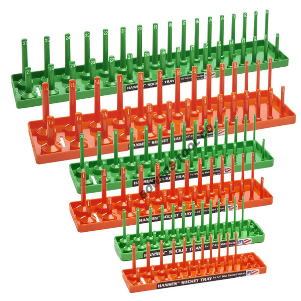 Hansen 6pc Socket Organizer Tray Rack Holder 1/4 3/8 1/2 in. Green Metric Orange SAE USA