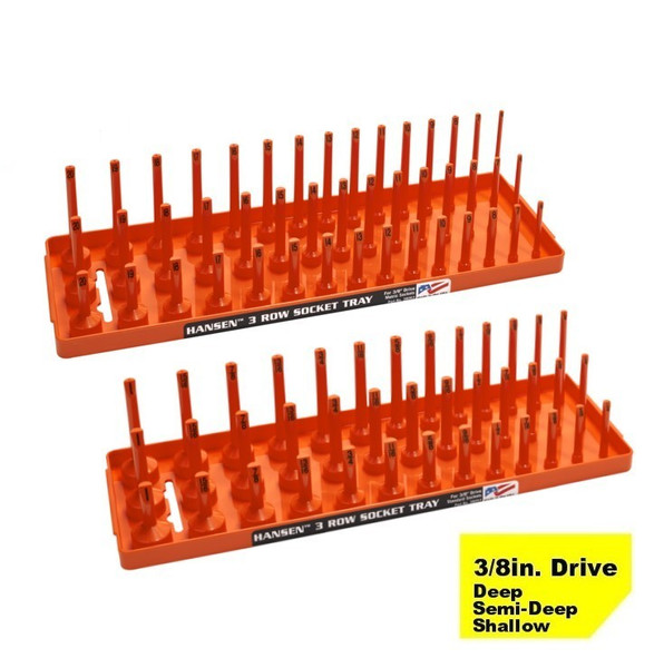 Hansen (Orange) 3/8" Socket Tray Organizer Holder Set 3 Row Metric SAE Shallow Deep Orange