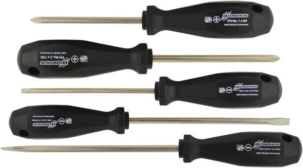 Bondhus 5pc Screwdriver Set Phillips PH1 PH2, Slotted 5/32, 7/32, 1/4" BasicGrip