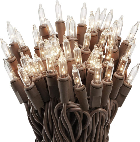 50 Clear Christmas Lights on a Brown Wire, UL Approved for Indoor/Outdoor Use, 9' of  Lighted Length, 11' of Total Length