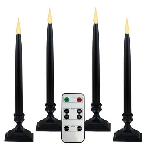 Battery Operated LED Taper Window Candles with Timer, Remote Control, Black Candlestick, Warm White Flicker or Steady On (VTR1660HW, Pack of 4)