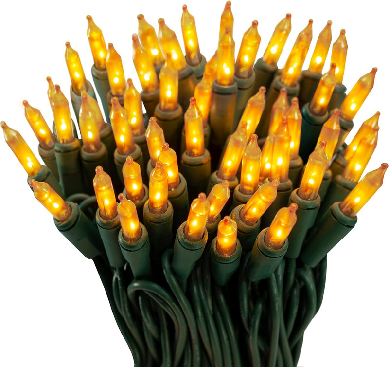 100 Gold Frost Christmas Lights on a Green Wire String, UL Approved for Indoor/Outdoor Use, 18' of Lighted Length, 20' of Total Length