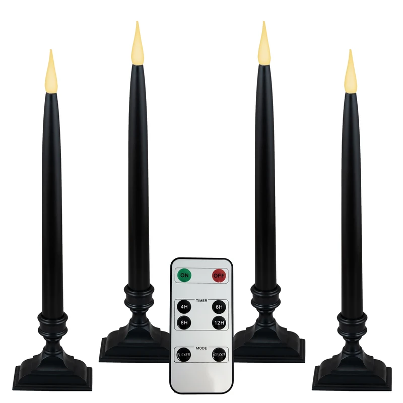 Battery Operated LED Taper Window Candles with Timer, Remote Control, Black Candlestick, Warm White Flicker or Steady On (VTR1660HW, Pack of 4)