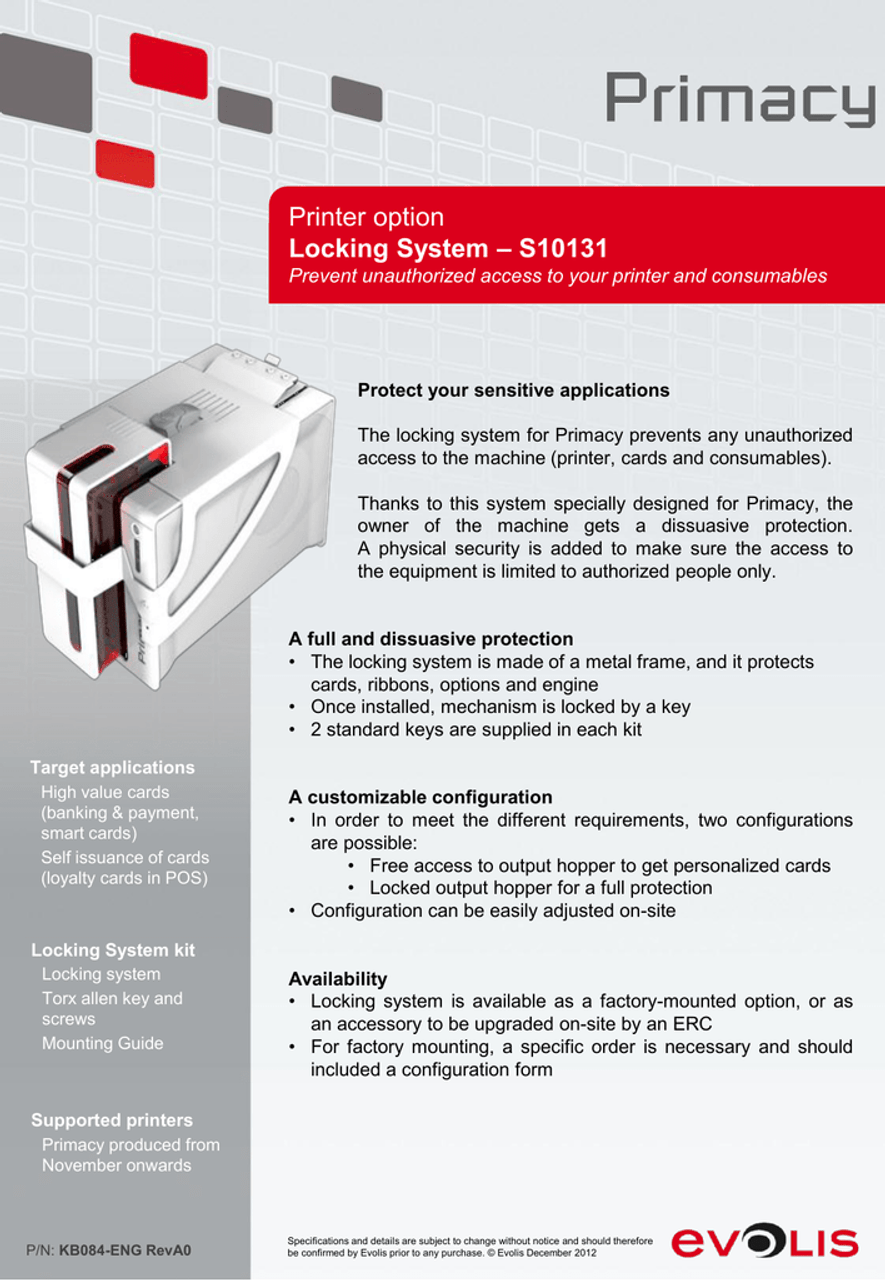 Evolis S10131 Locking system kit