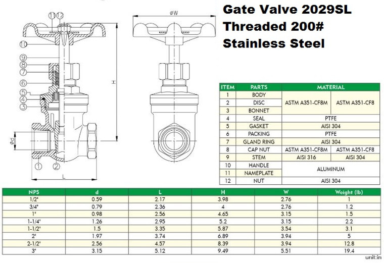 1-1/2" Gate Valve, Stainless Steel Threaded 200# COVA # 2029SL