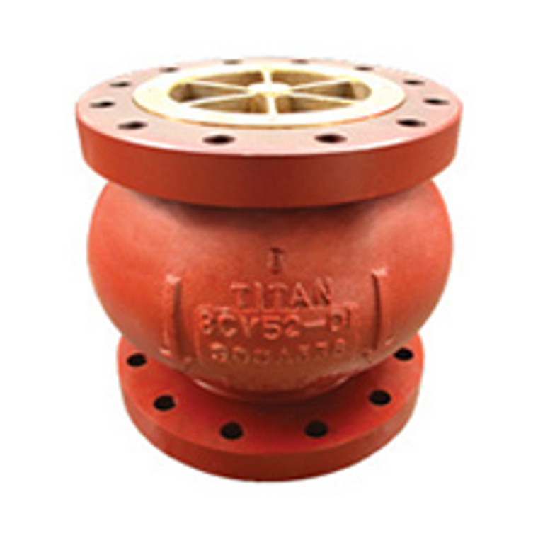 6" Silent Check Valve, Titan CV52DBM Center Guided Globe Style 300# Flanged Ductile Iron Body with Bronze Trim and Stainless Steel Spring, Metal Seat