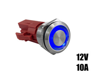 Stainless Steel Push Button Switch Ring LED (On)/Off Blue 12V 10A Stainless Steel Push Button Switch Ring LED (On)/Off Blue 12V 10A