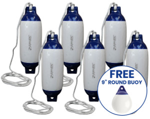 Boat Fender R20 White/Blue with Lanyard 507x140mm 6 Pack + FREE Buoy