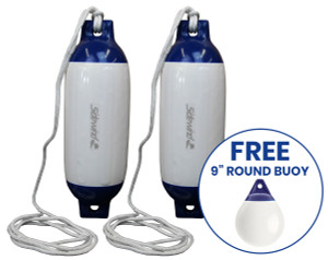 Boat Fender R40 White/Blue with Lanyard 685x215mm 2 Pack + FREE Buoy