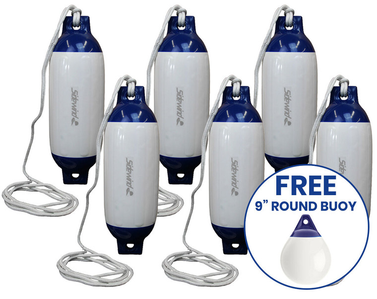 Boat Fender R20 White/Blue with Lanyard 507x140mm 6 Pack + FREE Buoy