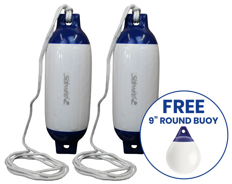 Boat Fender R40 White/Blue with Lanyard 685x215mm 2 Pack + FREE Buoy