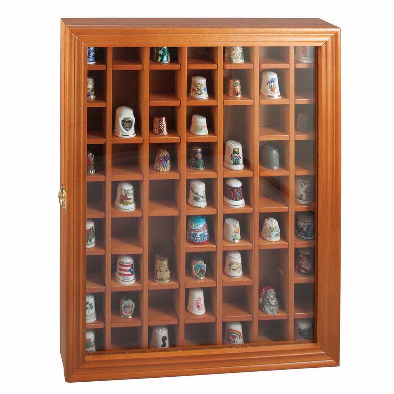 Thimble display case with 48 china thimbles solid case wooden unique lovely