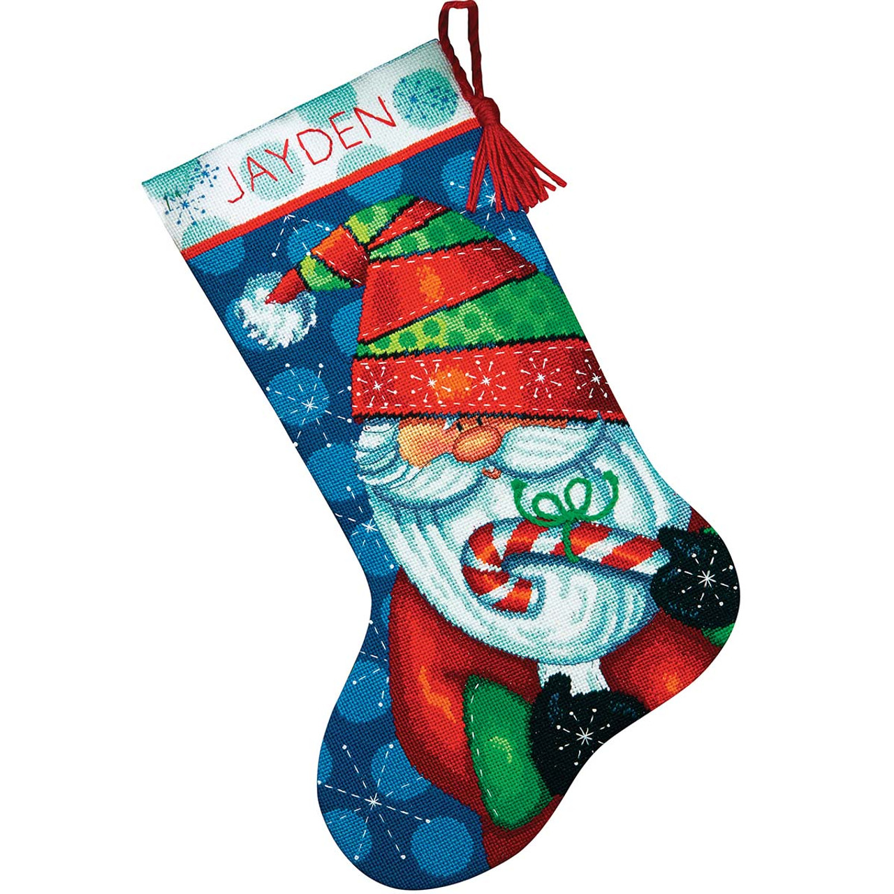 A needlepoint stocking kit called Merry Christmas Trees. The