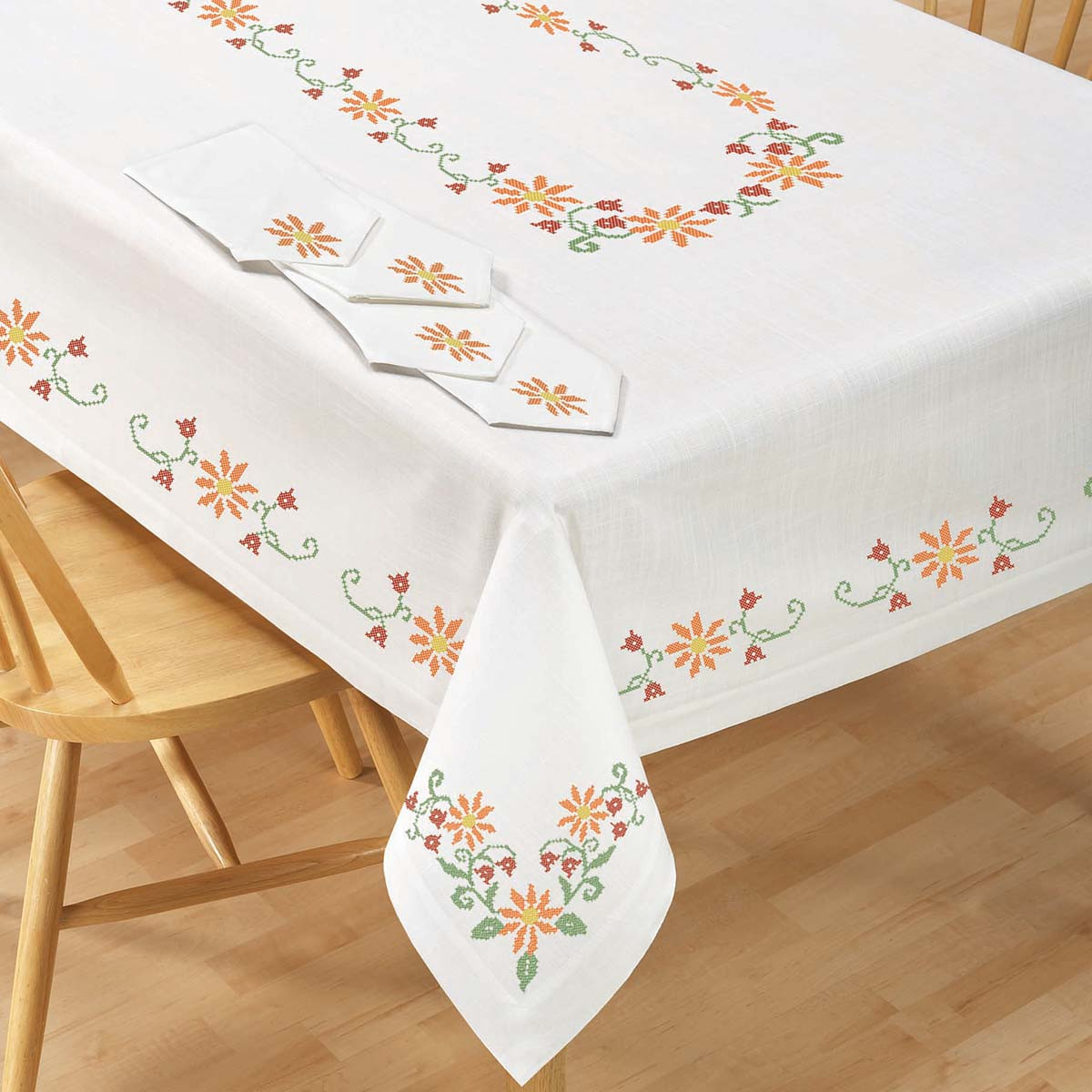 Village Linens Trinity Floral Tablecloth Stamped Cross-Stitch
