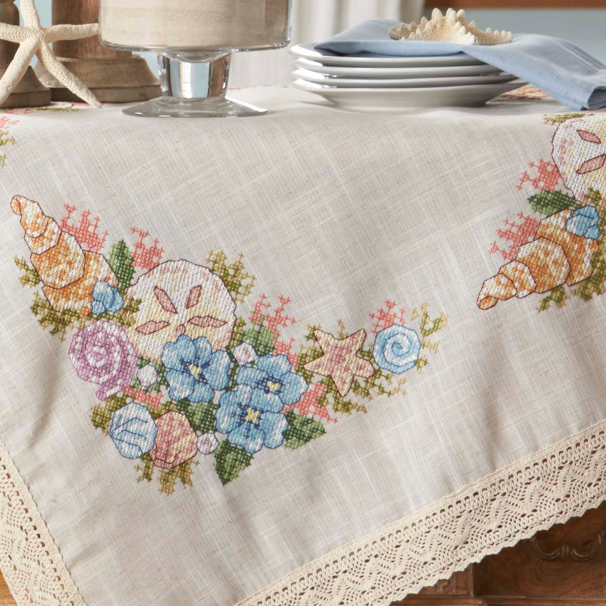 Herrschners Seaside Cascade Lace Trimmed Table Topper Stamped