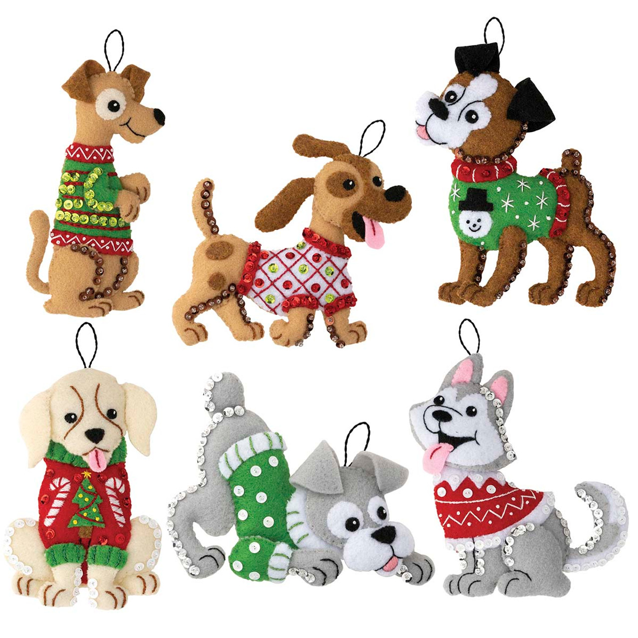 Bucilla Felt Ornaments Applique Kit Set of 6 - Dogs in Ugly Sweaters