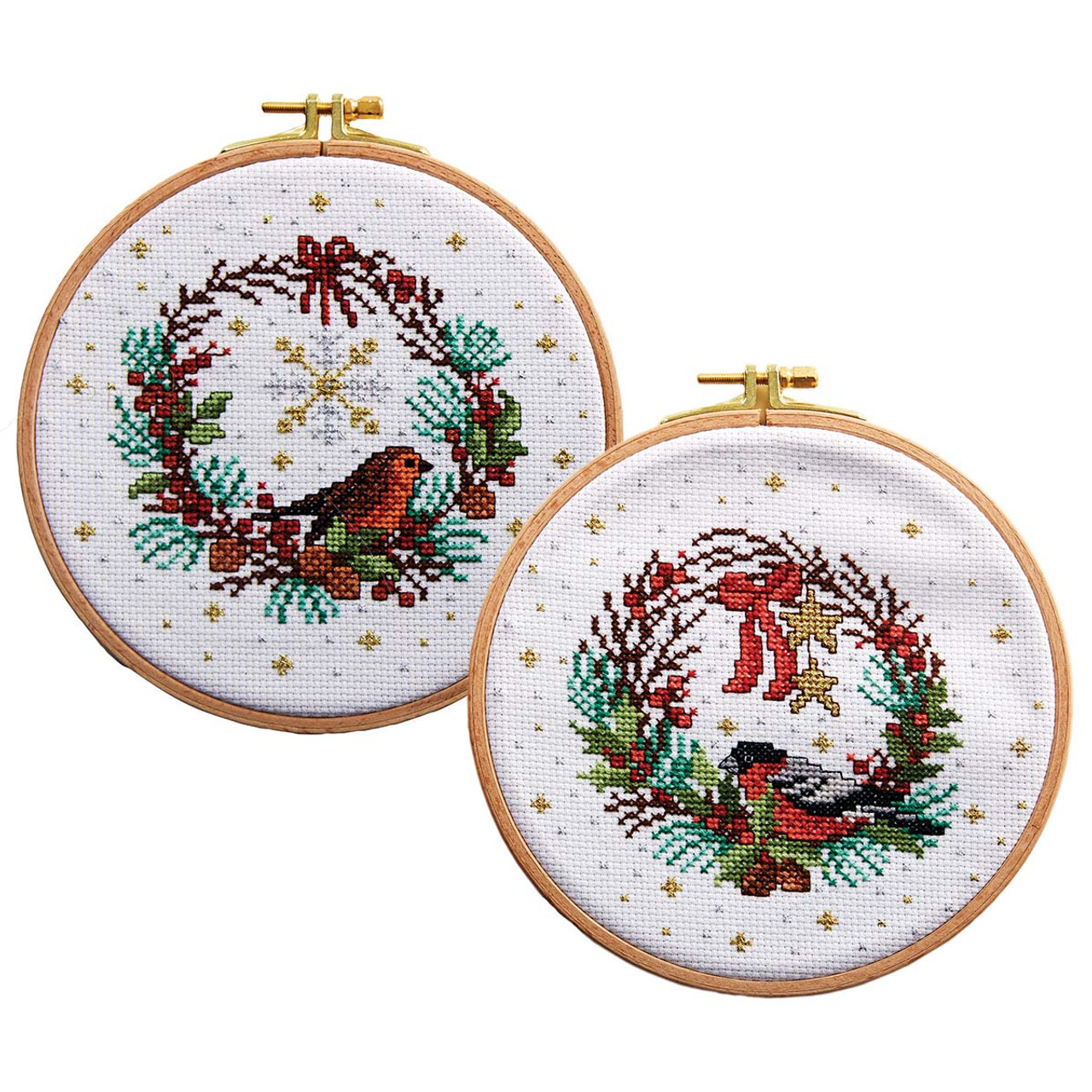 Herrschners Christmas Wreath Birds Hoops Counted Cross-Stitch Kit