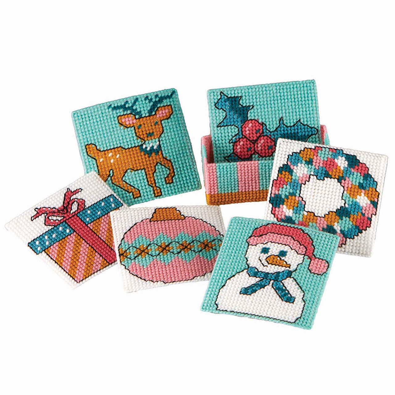 Herrschners Christmas Whimsy Coasters with Holder Plastic Canvas Kit herrschners-christmas-whimsy-coasters-with-holder-plastic-canvas-kit