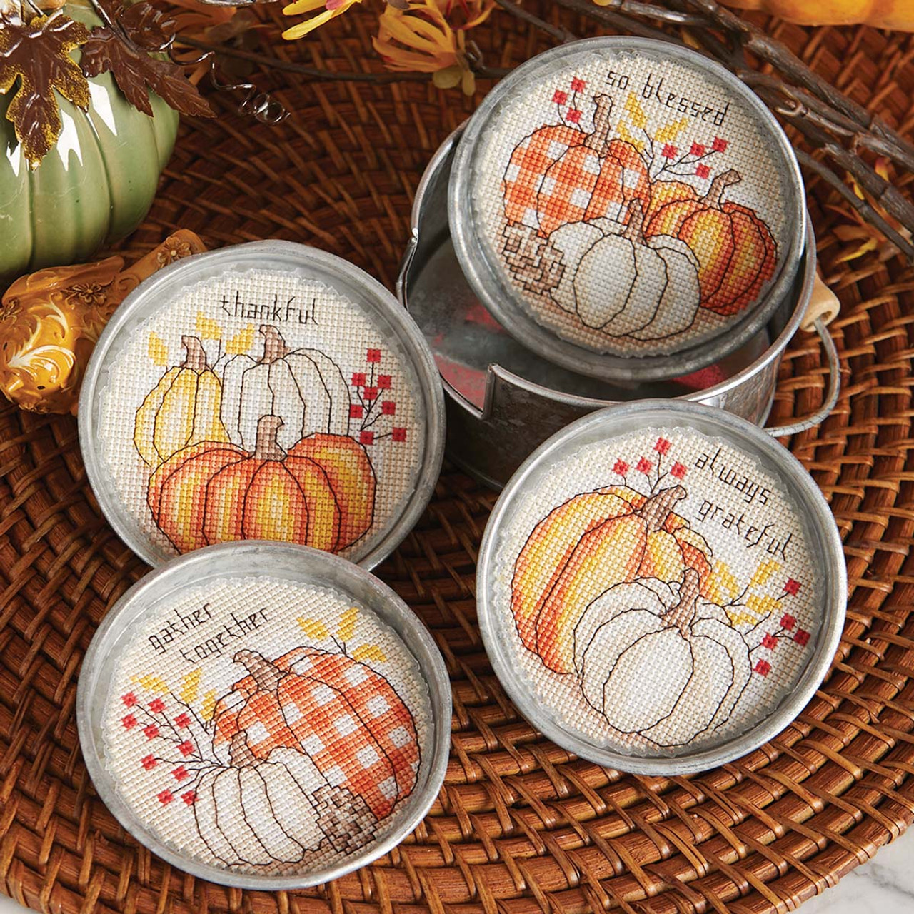 Herrschners Always Thankful Coasters Counted Cross Stitch Kit