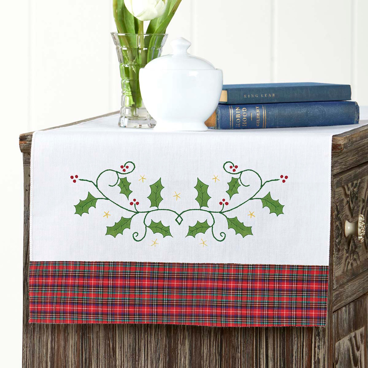 Herrschners Christmas Holly Dresser Scarf with Plaid Cuff Stamped