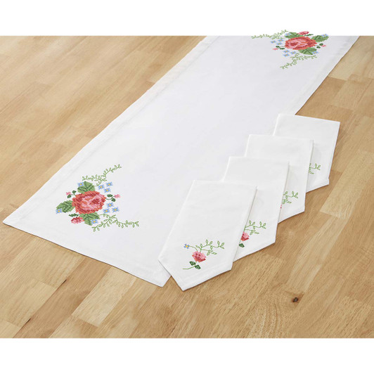 Herrschners Romantic Rose Table Runner Stamped Cross-Stitch