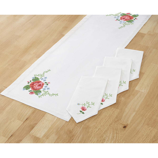Herrschners Romantic Rose Table Runner & Napkins Stamped Cross-Stitch