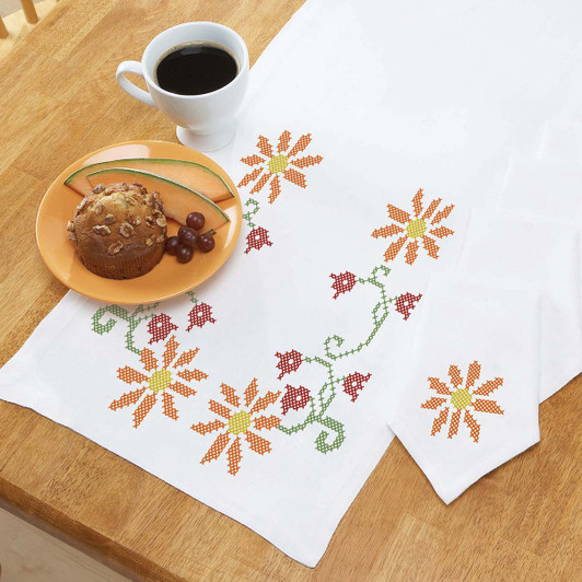 Herrschners Trinity Floral Table Runner & Napkins Stamped Cross-Stitch