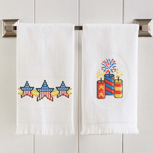 Herrschners Patriotic Stars & Firecrackers Towel Pairs Stamped Cross-Stitch