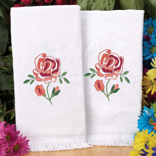 Herrschners Roses are Red Terry Towel Pair Stamped Embroidery