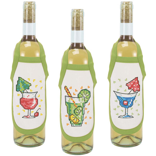 Herrschners Tropical Drinks Bottle Aprons Stamped Cross-Stitch Herrschners Tropical Drinks Bottle Aprons Stamped Cross-Stitch