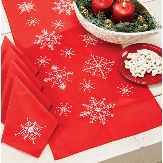 Herrschners Snowflakes on Red Table Runner & Napkins Stamped Cross-Stitch Herrschners Snowflakes on Red Table Runner & Napkins Stamped Cross-Stitch
