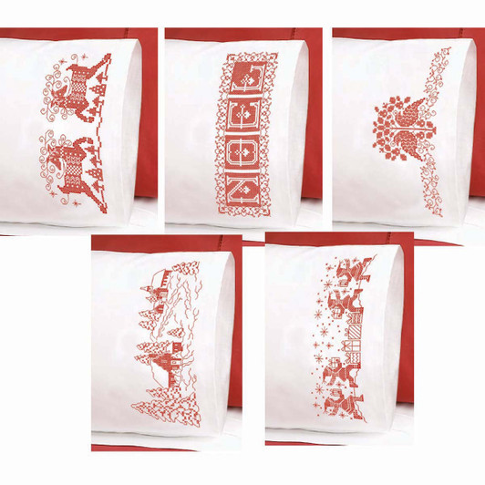 Herrschners Christmas Redwork Pillowcase Pairs Stamped Cross-Stitch