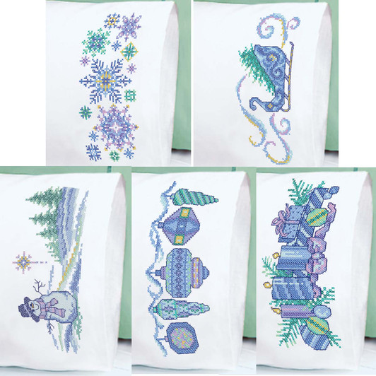 Herrschners Blue Christmas Pillowcase Set Stamped Cross-Stitch Herrschners Blue Christmas Pillowcase Set Stamped Cross-Stitch