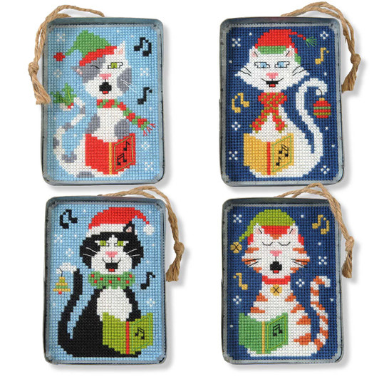 Herrschners Caroling Kitties Tin Ornaments Plastic Canvas Kit