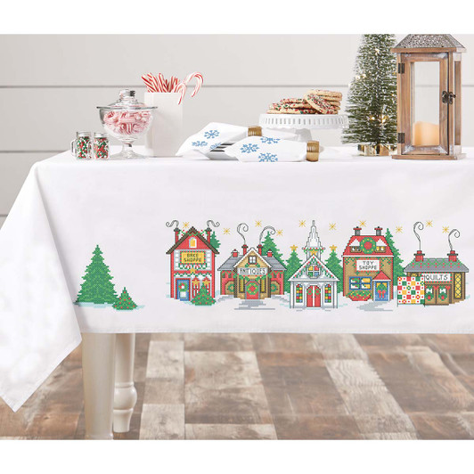 Herrschners Christmas Village Table Linens Stamped Cross-Stitch