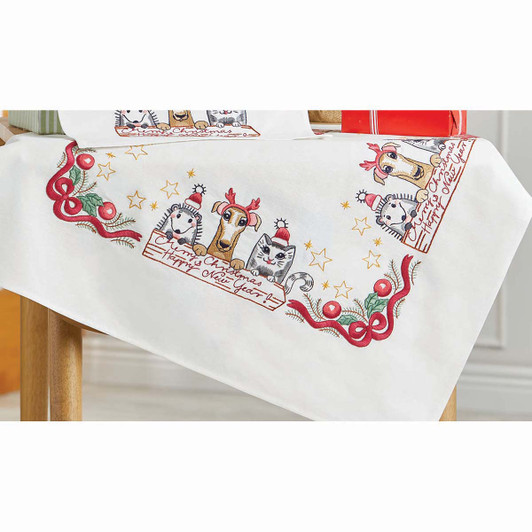 Herrschners Furry Friends Christmas Table Topper Stamped Embroidery Kit Herrschners Furry Friends Christmas Table Topper Stamped Embroidery Kit