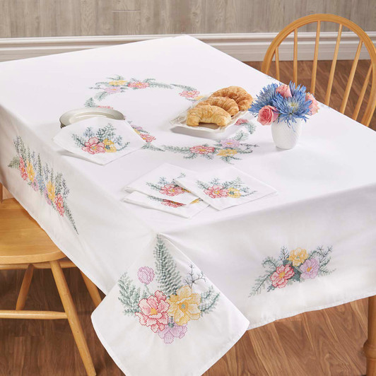Herrschners Watercolor Floral Tablecloth 50 x 50" or 50 x 70" Thread Kit
