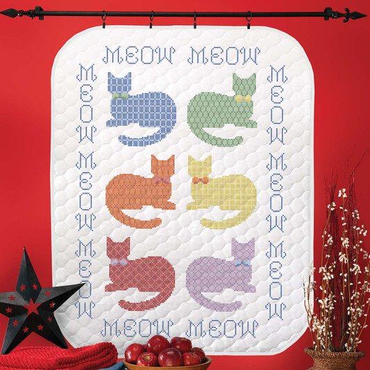 Herrschners Pre-Quilted Calico Kittens Lap Quilt Top Stamped Cross-Stitch Herrschners Pre-Quilted Calico Kittens Lap Quilt Top Stamped Cross-Stitch
