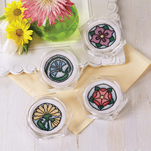 Herrschners Floral Stained Glass Coasters Counted Cross-Stitch Kit Herrschners Floral Stained Glass Coasters Counted Cross-Stitch Kit